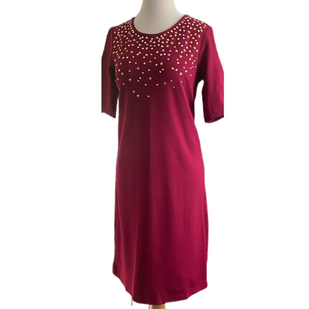 NWOT C.wonder Maroon dress neckline gold color embellished stars rhinestone 2